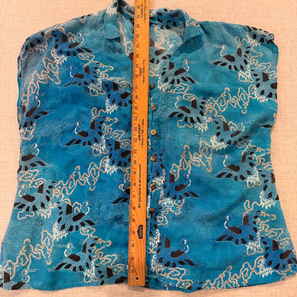 Citron Santa Monica 100% Silk Crane Print Blouse Blue Sleeveless Top Plus 1X - Picture 3 of 9